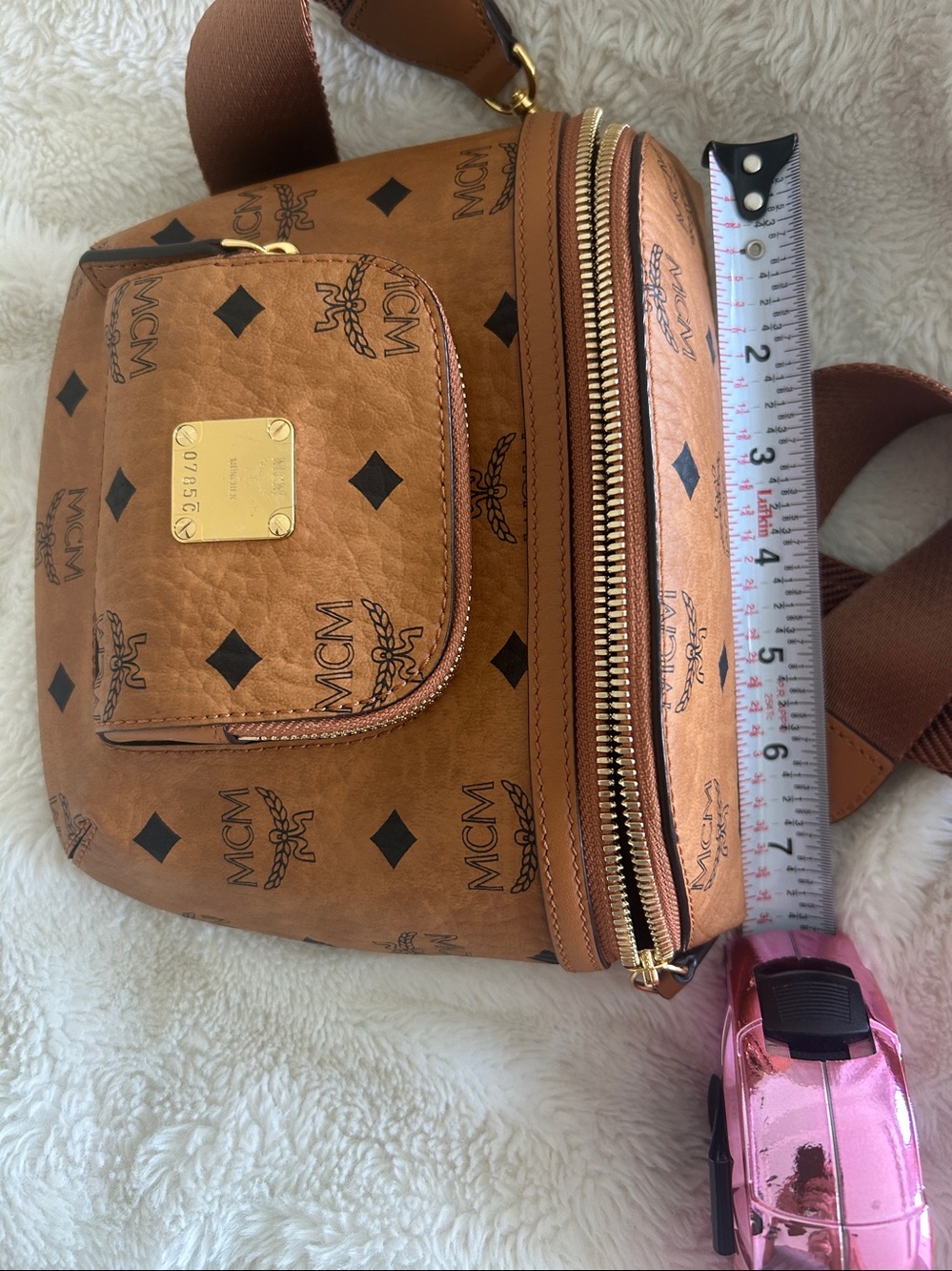 MCM Cognac Visetos Monogram Mini Crossbody Belt Bag with Gold Hardware - Picture 9 of 11